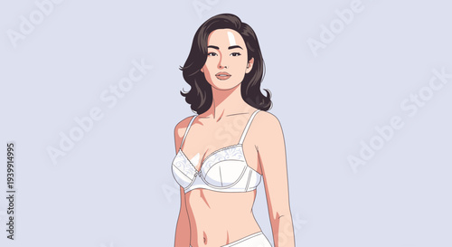 Illustration of a woman with dark hair wearing a white bra and underwear, standing against a light background.