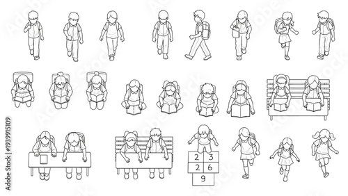 Vector outlines of children engaged in school, play, and daily routines, reflecting their journey of growth