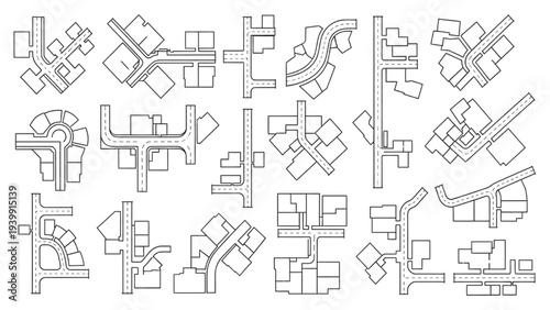 Detailed Assortment of Simplified City Street Configurations and Building Arrangements