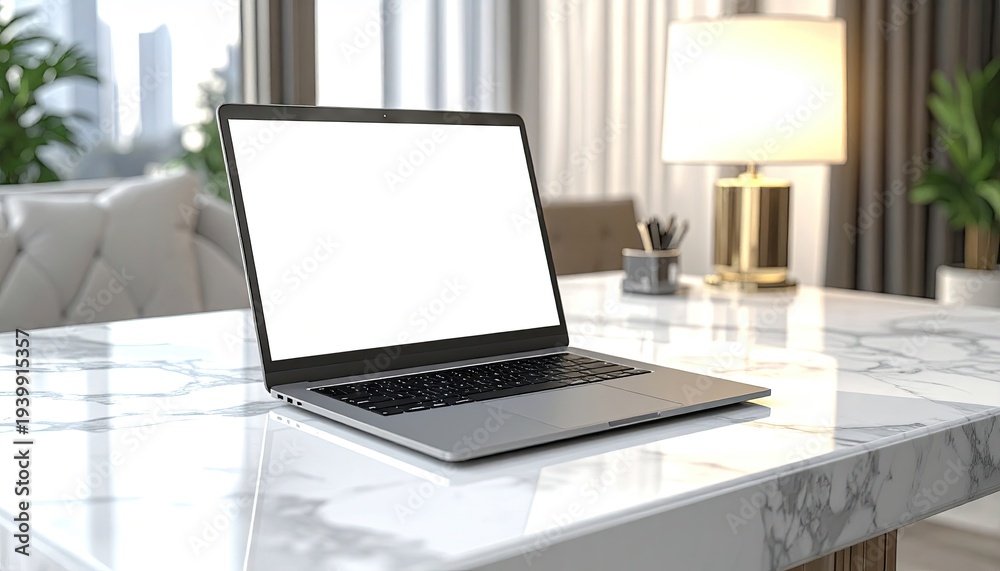 Fototapeta premium A laptop with a blank white screen sits atop a polished marble desk in a well-lit home office setting.