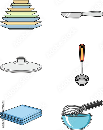 Set of 6 kitchen utensils and dishware icons vector