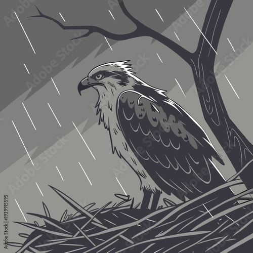 Bird Protecting Nest During Rainstorm