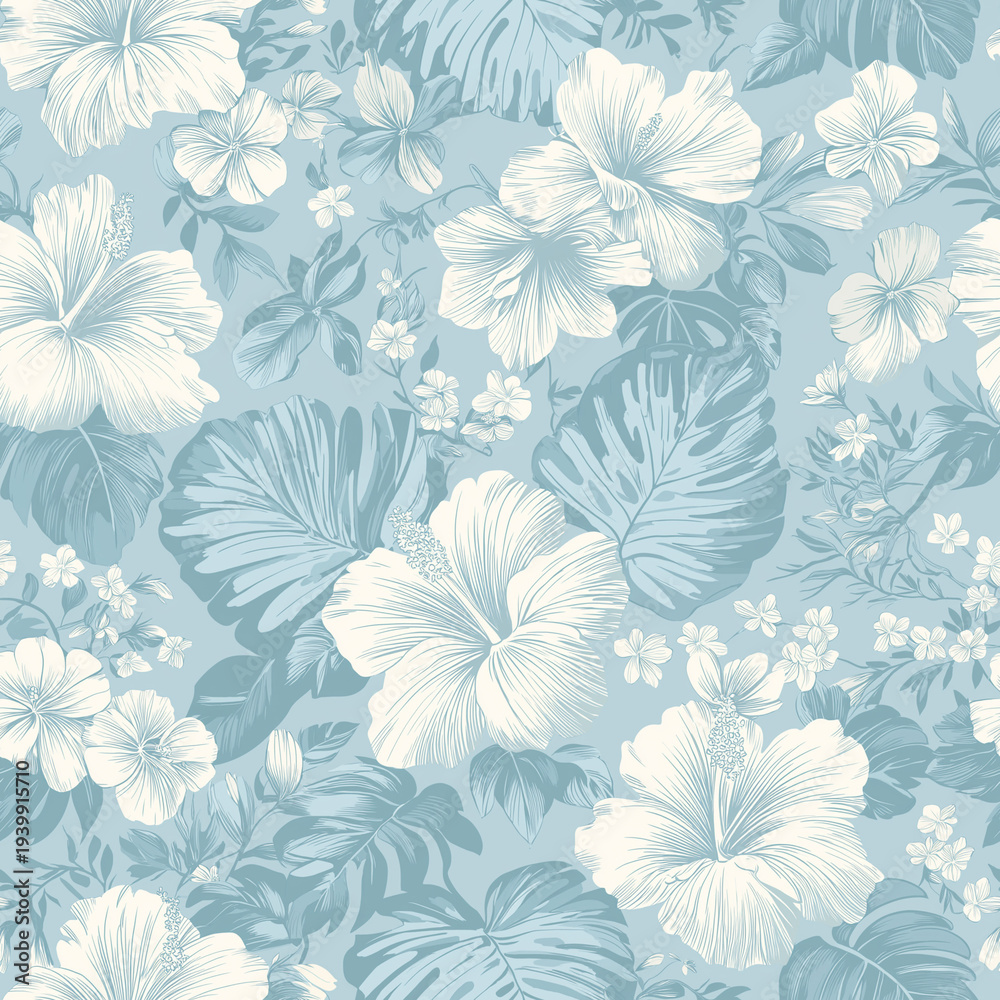 Fototapeta premium Seamless floral pattern with white hibiscus flowers and tropical leaves on a soft blue background. Elegant botanical design with delicate linework and a calm island-inspired style.