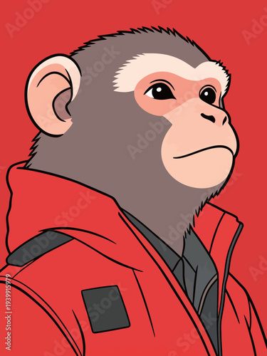 A cartoon monkey wears a red jacket and looks seriously ahead against a bright background. The scene shows simple, bold colors.