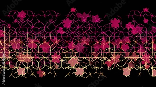 Colorful Geometric Floral Pattern With Magenta and Gold Petals Forming Hexagons on Black Background With Space for Text