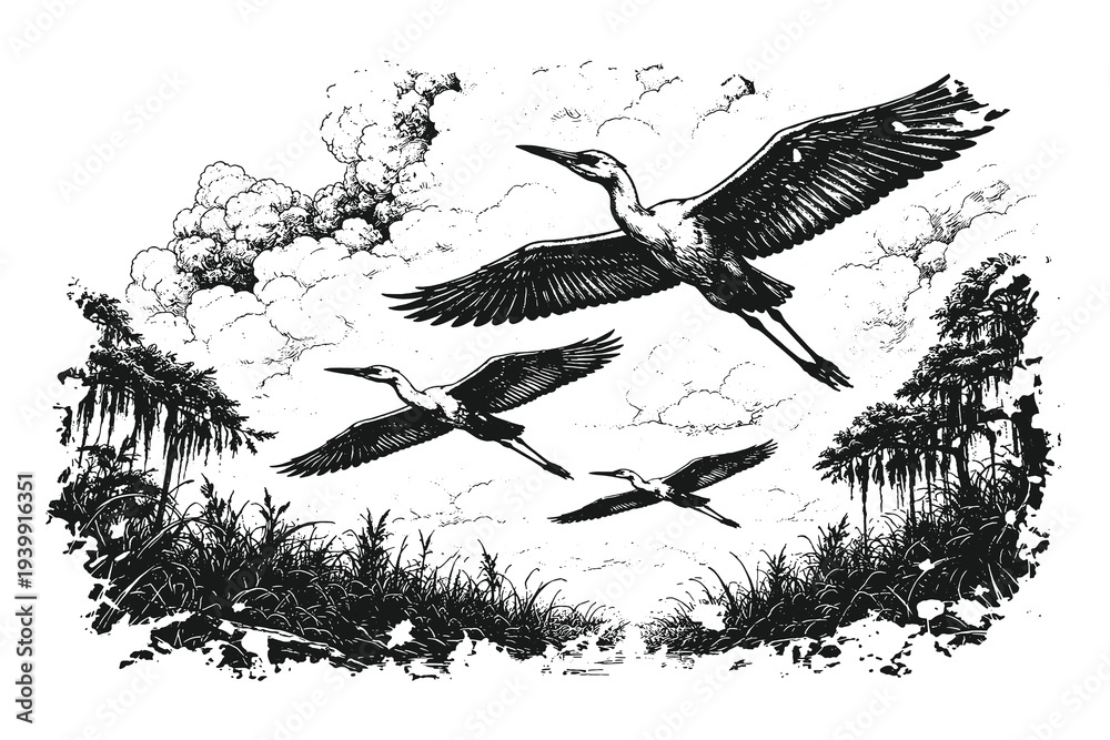Fototapeta premium Vintage engraving style cranes flying over wetland river landscape with dramatic clouds, detailed black and white hand drawn nature vector illustration.