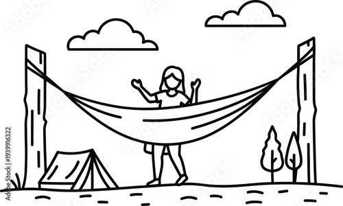 A person relaxing in a hammock near a tent in a serene outdoor setting.