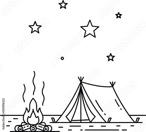A serene camping scene with a tent and a campfire under a starry night sky.
