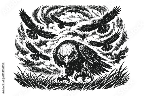 Vintage engraving style eagle attacking prey with dramatic birds flying in stormy sky, detailed black and white hand drawn wildlife vector illustration.