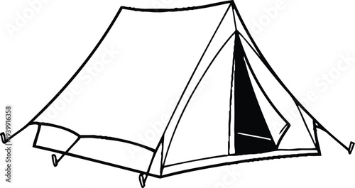 Simple line drawing of a tent with open entrance flap and visible interior.
