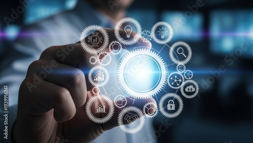 Businessman interacting with a digital interface demonstrating concepts of technology and innovation