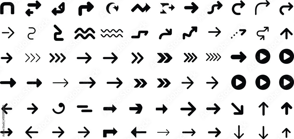 Fototapeta premium Big arrows vector icon set with black direction signs pointers isolated on white background in various styles for design projects