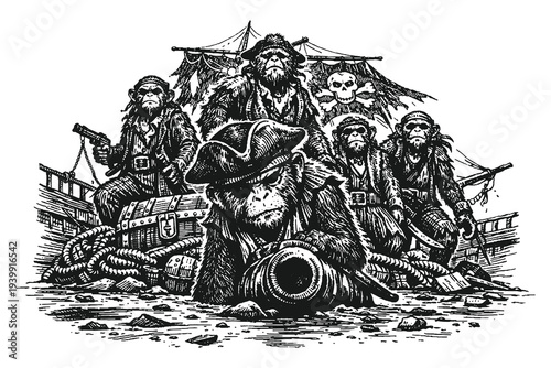 Vintage engraving style pirate monkeys guarding treasure chest on ship deck, detailed black and white hand drawn fantasy adventure vector illustration.