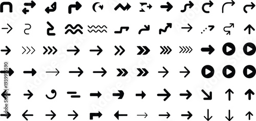 Big arrows vector icon set with black direction signs pointers isolated on white background in various styles for design projects
