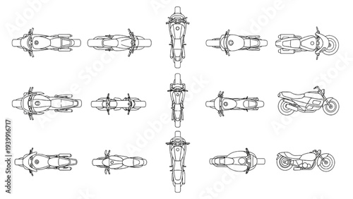 Motorcycle vector outlines diverse top and side views for automotive blueprints