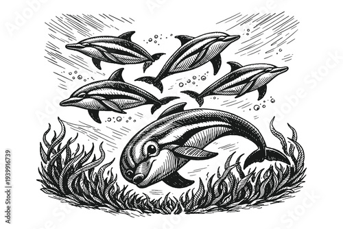 Vintage engraving style dolphins swimming above reef with moray eel, detailed black and white marine wildlife hand drawn vector illustration with ocean theme.