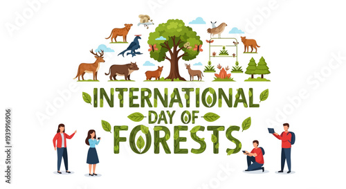 Illustration of International Day of Forests with people, animals, and trees on a white background, promoting forest conservation and environmental protection awareness with a green color