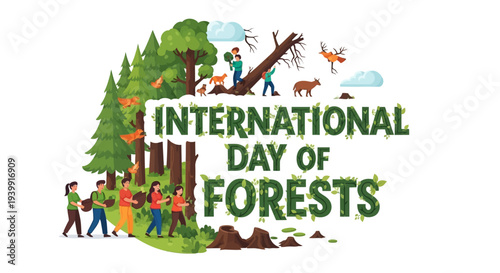 Illustration design for International Day of Forests promoting forest conservation and environmental protection with a colorful flat lay composition.