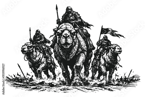 Desert Caravan with Warriors Riding Camels Through Sand Dunes Woodcut Vector Illustration Featuring Detailed Engraving and Middle Eastern Inspired Scene