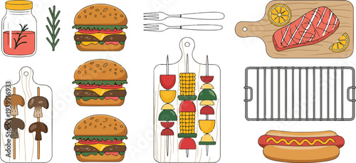 Barbecue food vector set with grilled salmon sausages skewers burgers hot dogs on wooden boards colorful cartoon cooking illustrations