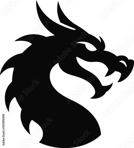 A black dragon silhouette illustration with fierce expression, mythical creature, fantasy art