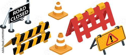 Road closed construction safety vector set with isometric barriers traffic cones warning signs and street repair elements illustration