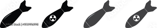 Nuclear bomb icon set featuring atomic bomb silhouettes with radiation hazard symbols