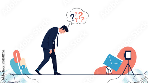 Distressed businessman walks away from a message being sent by camera, with question marks in his thought bubble, symbolizing confusion or uncertainty about communication.