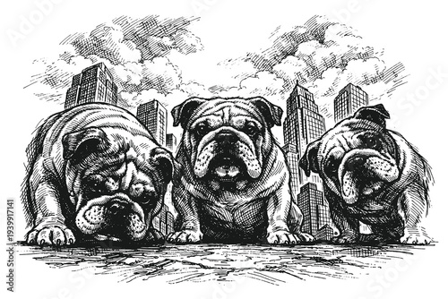 Trio of English Bulldogs Posing in Front of Urban City Skyscrapers Woodcut Vector Illustration Featuring Detailed Engraving and Classic Canine Portrait