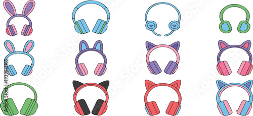 Colorful headphones and wireless earphones vector set with cute cat ears gaming music audio accessories illustration