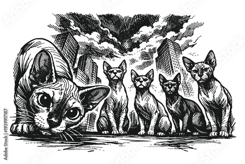 Group of Sphynx Cats with City Skyline Buildings in the Background Woodcut Vector Illustration Featuring Detailed Engraving Style and Urban Aesthetic
