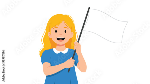 Happy young girl with blonde hair cheerfully holds a blank white flag, symbolizing peace, a fresh start, or an empty canvas for future possibilities.