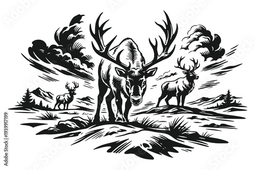Noble Stag with Antlers Standing in a Mountain Valley Landscape Woodcut Vector Illustration Featuring Retro Engraving Style and Vast Wilderness View