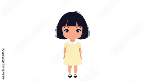 Adorable young girl with short black hair and a yellow dress smiles gently, radiating innocence, happiness, and childlike charm.