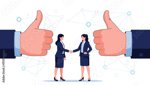 Two professional businesswomen concluding a successful deal with a firm handshake, symbolizing partnership and positive agreement.