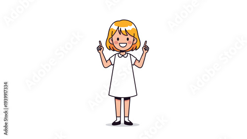 Cheerful young girl with short blonde hair and a white dress happily pointing upwards with both index fingers to indicate something.