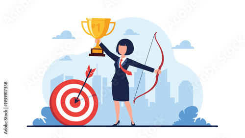 Powerful businesswoman confidently holding a golden trophy and a bow, with a bullseye target behind, signifying achieved success in a competitive urban landscape.