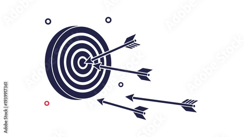 Diverse arrows launched towards a circular target, some precisely hitting the bullseye while others miss, illustrating varied accuracy.