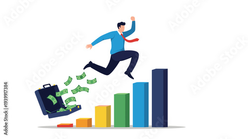 Energetic businessman making a bold leap over a rising bar graph, with cash flowing from his briefcase, representing financial growth and success.
