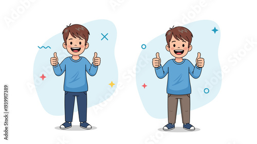 Enthusiastic young boy in two distinct outfits, happily giving double thumbs up gestures, symbolizing approval and positive affirmation.