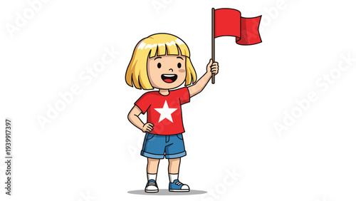 Joyful young girl with short blonde hair and a red star t-shirt confidently holding up a vibrant red flag.