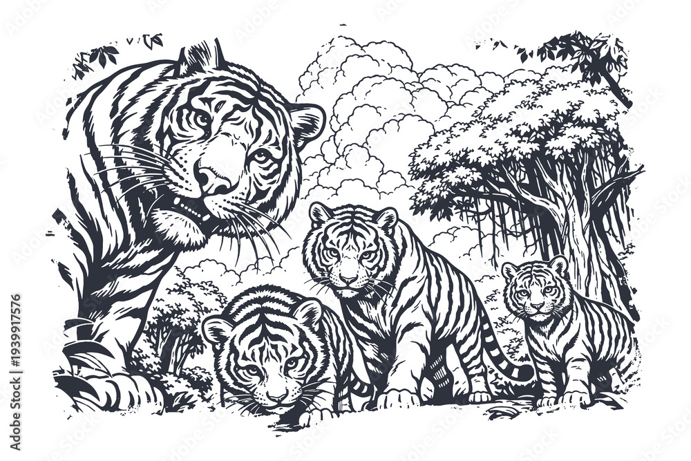 Fototapeta premium Vintage Woodcut Vector Illustration of a Tiger Family with Mother and Cubs in a Dense Tropical Jungle Forest Setting Featuring Detailed Engraving Style