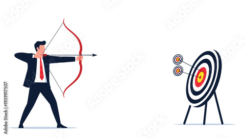 Determined businessman precisely aiming a bow and arrow at a target featuring multiple bullseyes, symbolizing focused ambition and strategic goal achievement.