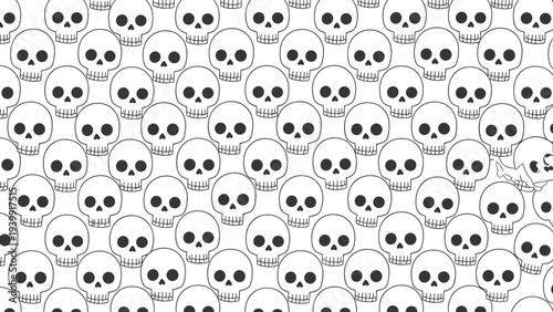 Repetitive and symmetrical seamless pattern featuring numerous simple, black and white cartoon skulls arranged uniformly.