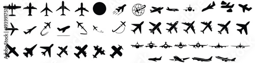 Black and white airplane and rocket in various styles and positions