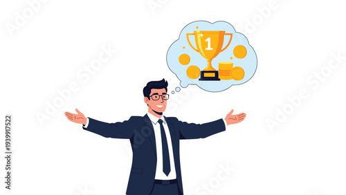 Optimistic businessman looking up with hands open, envisioning a golden trophy and stacks of coins in a thought bubble, symbolizing aspirations for success and wealth.
