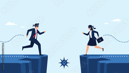 Blindfolded business people running towards each other across a perilous chasm with a virus symbol, illustrating unforeseen risks and challenges.