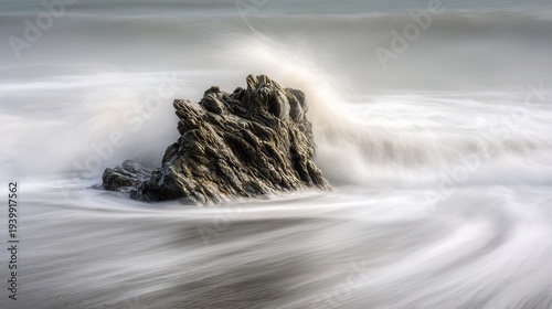 permanence. Ancient sea-worn rock enduring relentless ocean waves, smooth surface, stormy seascape. travel magazines, destination branding, designed for outdoor magazines and nature guides.