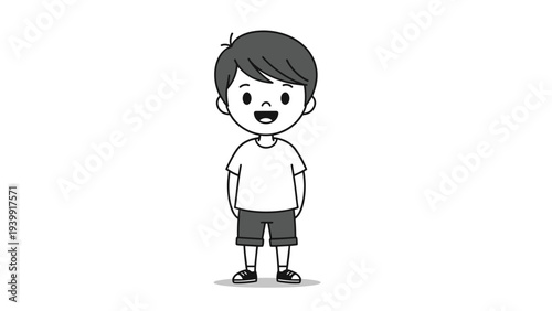 Happy young boy in a simple t-shirt and shorts, standing with a bright smile, rendered in a monochrome black and white style.