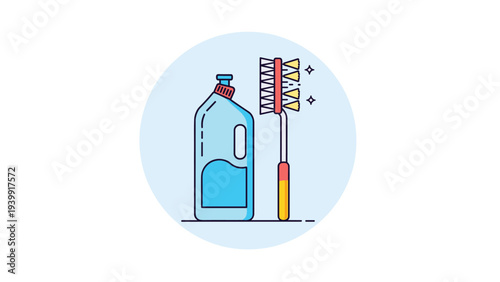 Bottle of blue cleaning liquid paired with a long-handled scrubbing brush, representing household cleaning supplies and hygiene.
